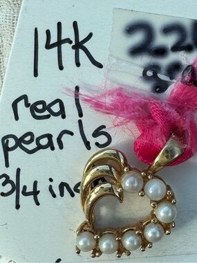14K Gold Pearl Heart Pendant - White Pearls stamped acid tested Necklace